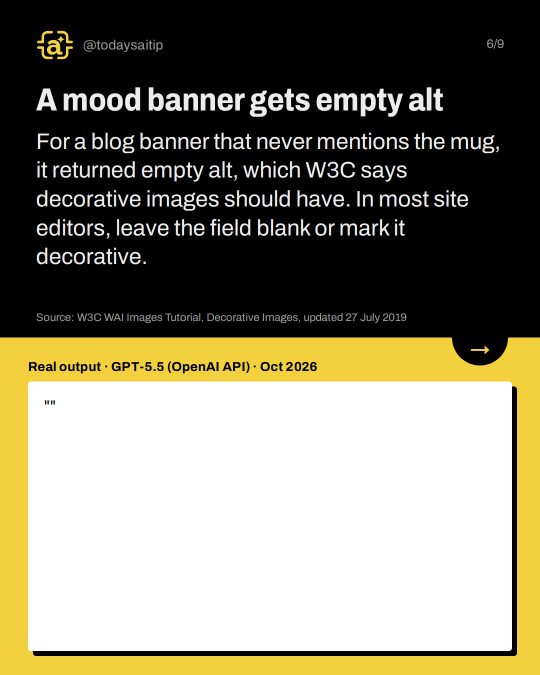 A mood banner gets empty alt. For a blog banner that never mentions the mug, it returned empty alt, which W3C says decorative images should have. In most site editors, leave the field blank or mark it decorative.