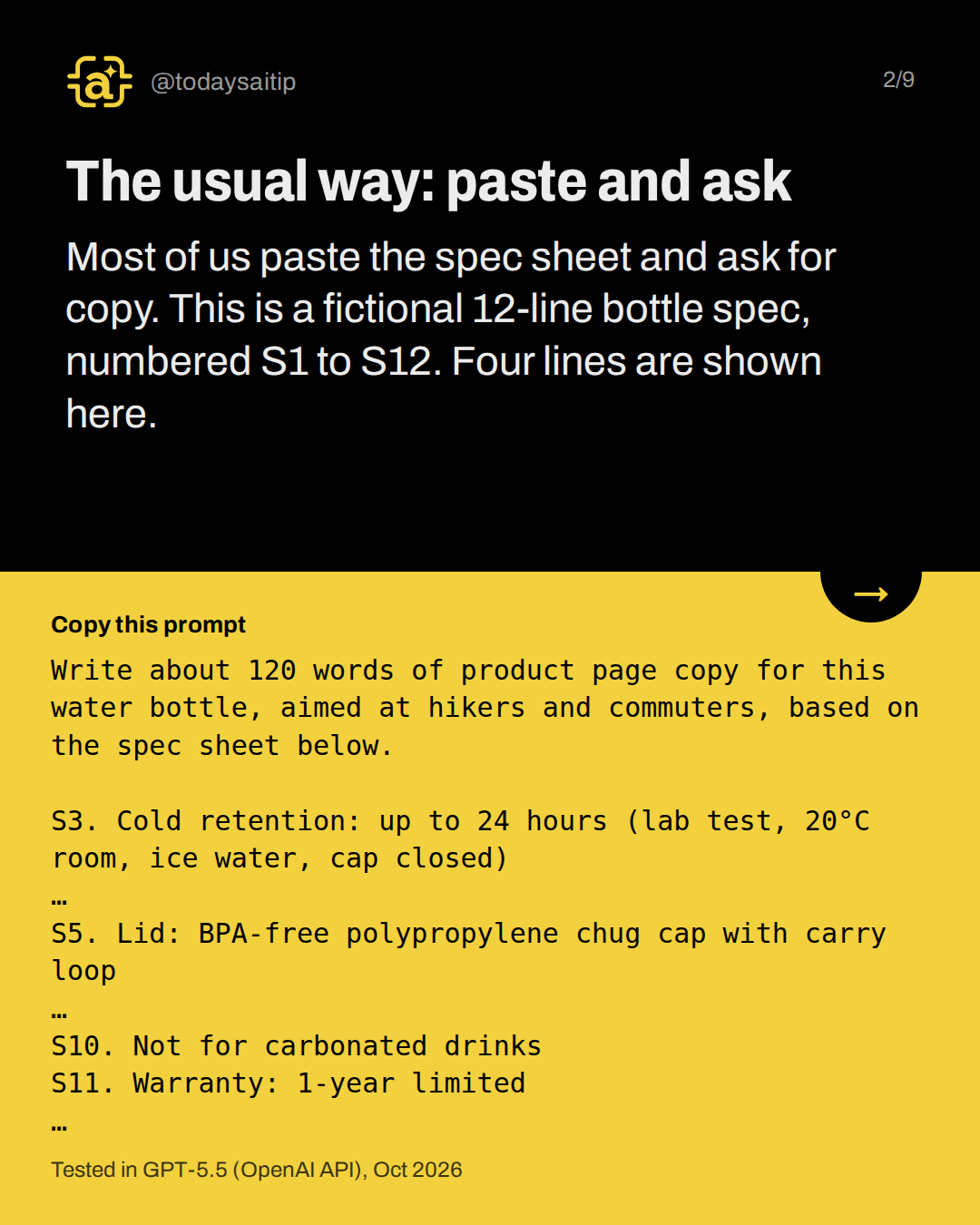 The usual way: paste and ask. Most of us paste the spec sheet and ask for copy. This is a fictional 12-line bottle spec, numbered S1 to S12. Four lines are shown here.