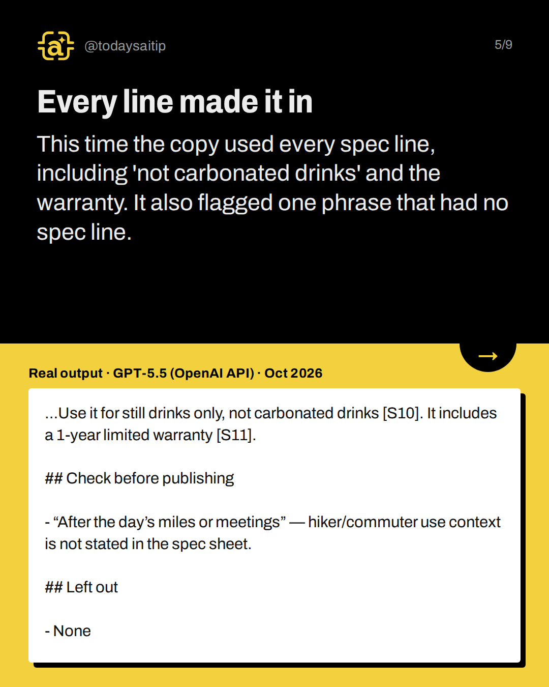 Every line made it in. This time the copy used every spec line, including 'not carbonated drinks' and the warranty. It also flagged one phrase that had no spec line.