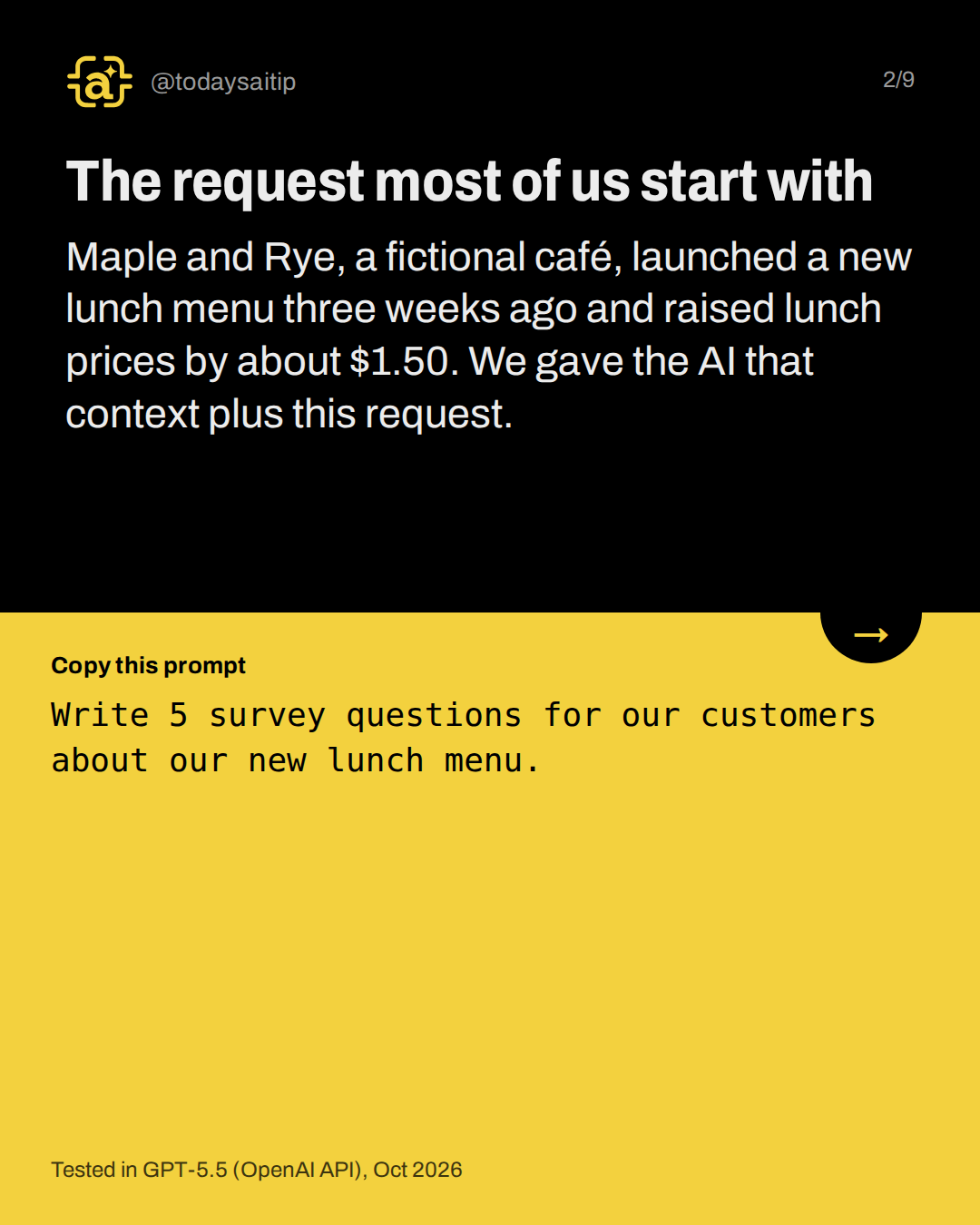 The request most of us start with. Maple and Rye, a fictional café, launched a new lunch menu three weeks ago and raised lunch prices by about $1.50. We gave the AI that context plus this request.