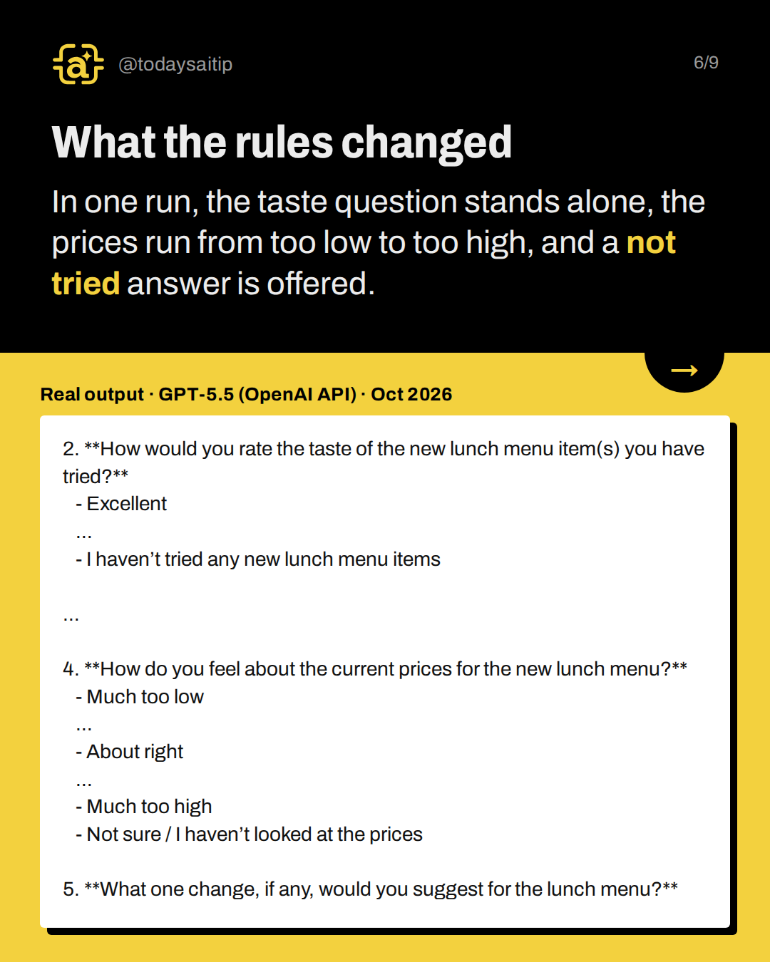 What the rules changed. In one run, the taste question stands alone, the prices run from too low to too high, and a not tried answer is offered.