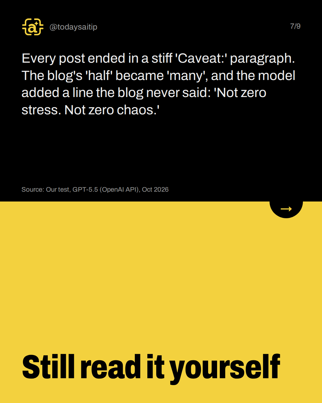 Still read it yourself. Every post ended in a stiff 'Caveat:' paragraph. The blog's 'half' became 'many', and the model added a line the blog never said: 'Not zero stress. Not zero chaos.'