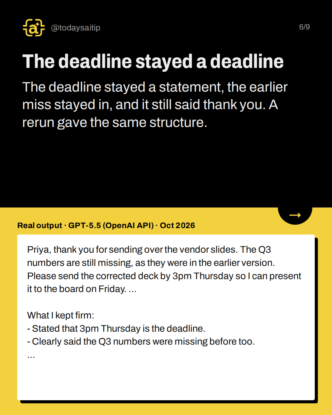 The deadline stayed a deadline. The deadline stayed a statement, the earlier miss stayed in, and it still said thank you. A rerun gave the same structure.