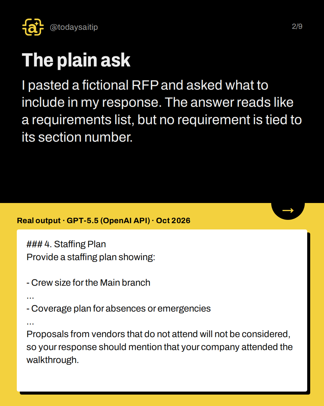 The plain ask. I pasted a fictional RFP and asked what to include in my response. The answer reads like a requirements list, but no requirement is tied to its section number.