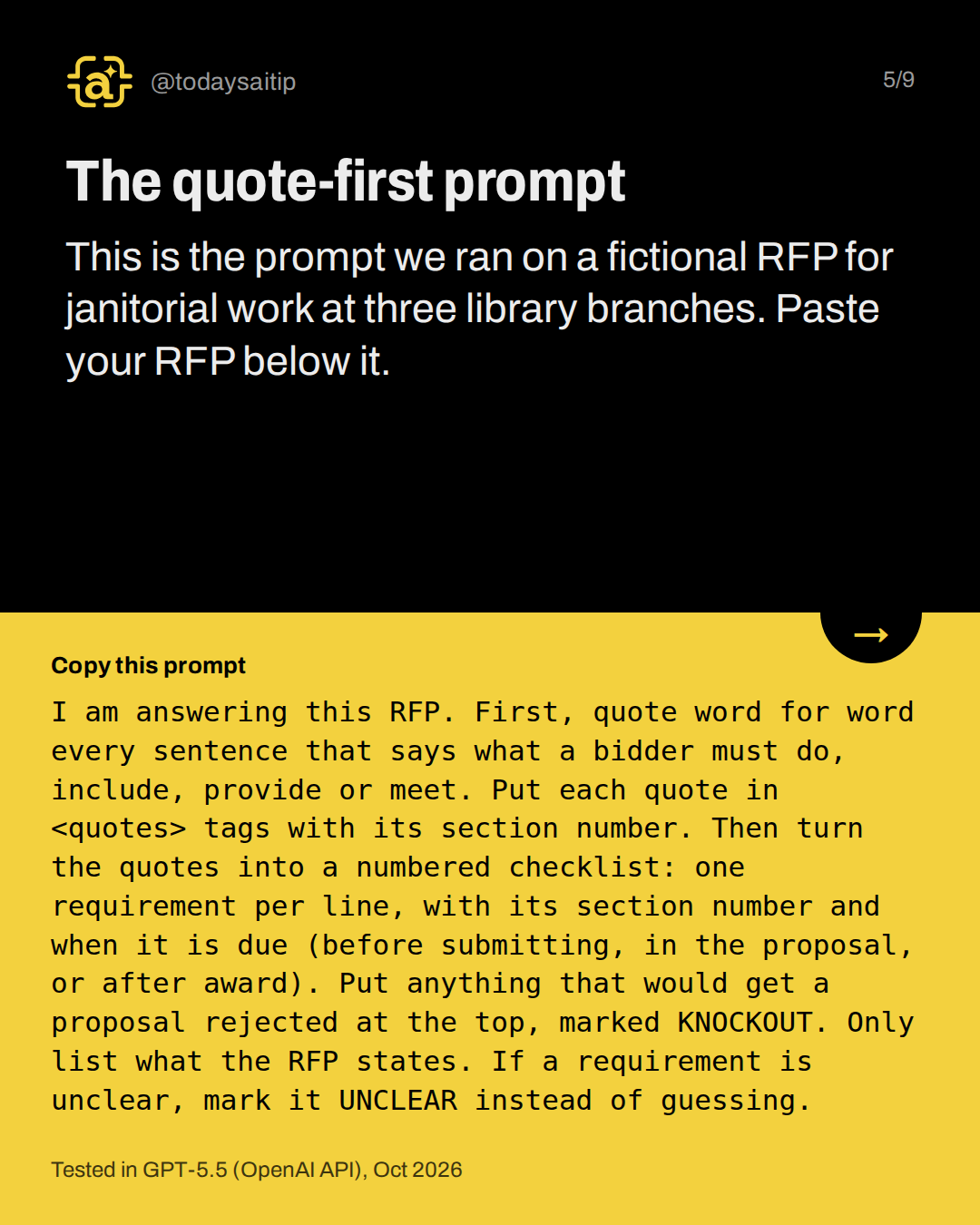 The quote-first prompt. This is the prompt we ran on a fictional RFP for janitorial work at three library branches. Paste your RFP below it.