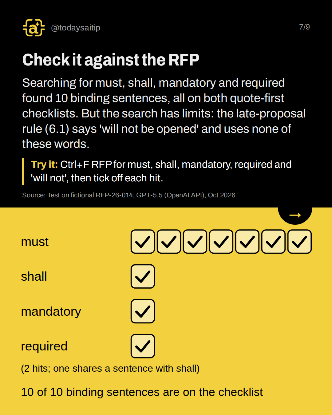 Check it against the RFP. Searching for must, shall, mandatory and required found 10 binding sentences, all on both quote-first checklists. But the search has limits: the late-proposal rule (6.1) says 'will not be opened' and uses none of these words.