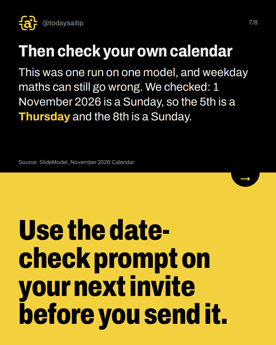 Then check your own calendar. This was one run on one model, and weekday maths can still go wrong. We checked: 1 November 2026 is a Sunday, so the 5th is a Thursday and the 8th is a Sunday.