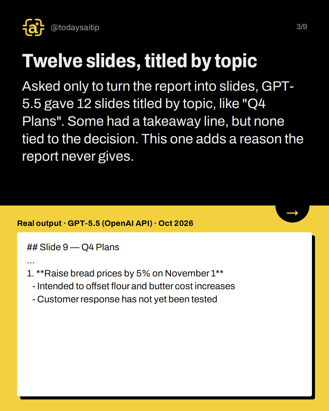 Twelve slides, titled by topic. Asked only to turn the report into slides, GPT-5.5 gave 12 slides titled by topic, like "Q4 Plans". Some had a takeaway line, but none tied to the decision. This one adds a reason the report never gives.