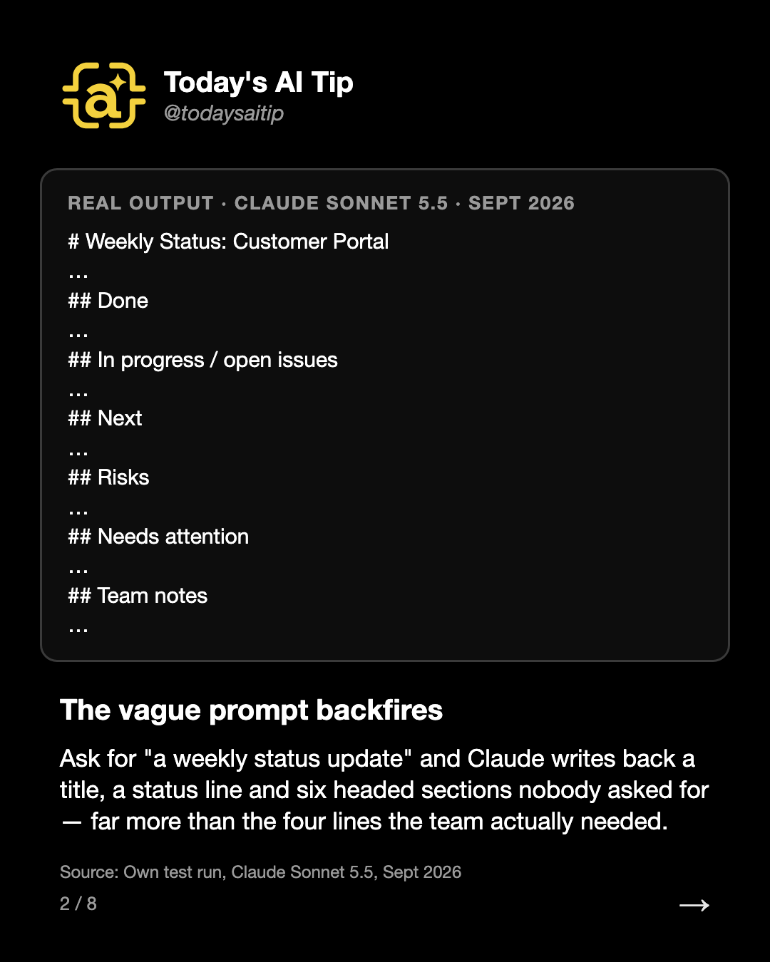 The vague prompt backfires. Ask for "a weekly status update" and Claude writes back a title, a status line and six headed sections nobody asked for — far more than the four lines the team actually needed.