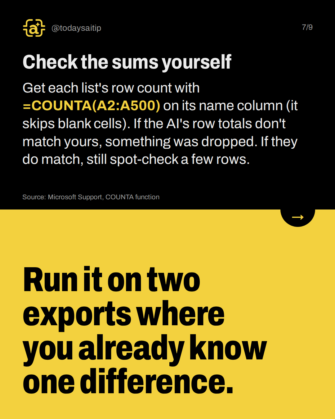 Check the sums yourself. Get each list's row count with =COUNTA(A2:A500) on its name column (it skips blank cells). If the AI's row totals don't match yours, something was dropped. If they do match, still spot-check a few rows.