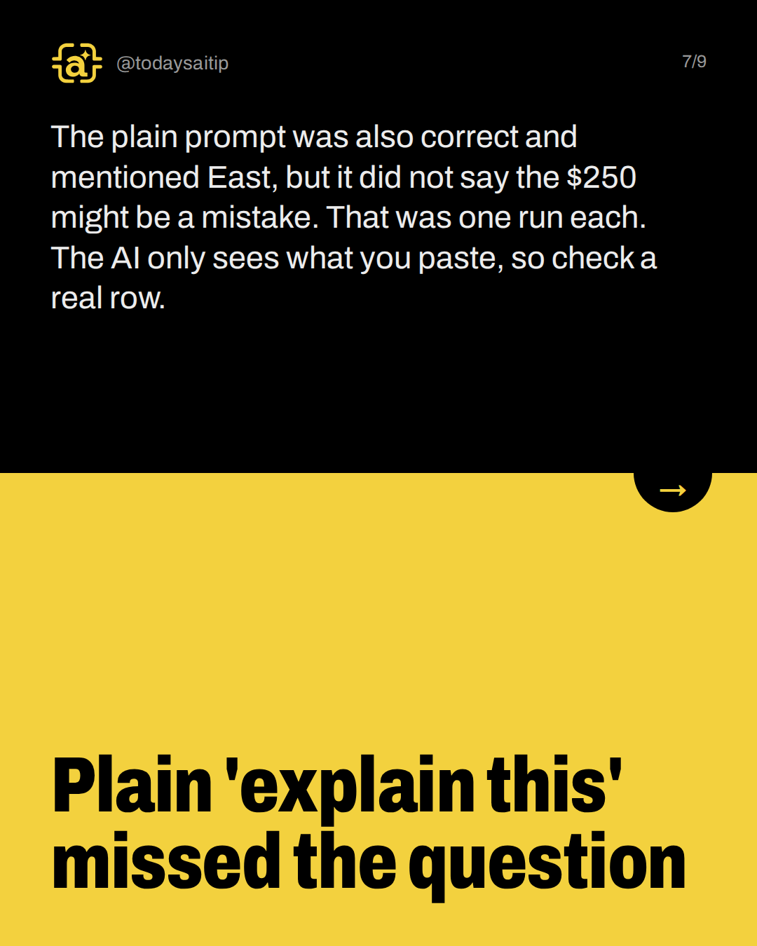 Plain 'explain this' missed the question. The plain prompt was also correct and mentioned East, but it did not say the $250 might be a mistake. That was one run each. The AI only sees what you paste, so check a real row.