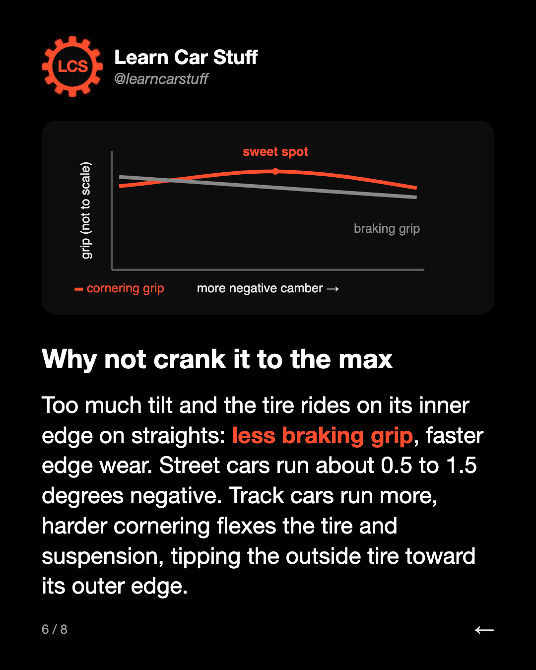 Why not crank it to the max. Too much tilt and the tire rides on its inner edge on straights: less braking grip, faster edge wear. Street cars run about 0.5 to 1.5 degrees negative. Track cars run more, harder cornering flexes the tire and suspension, tipping the outside tire toward its outer edge.
