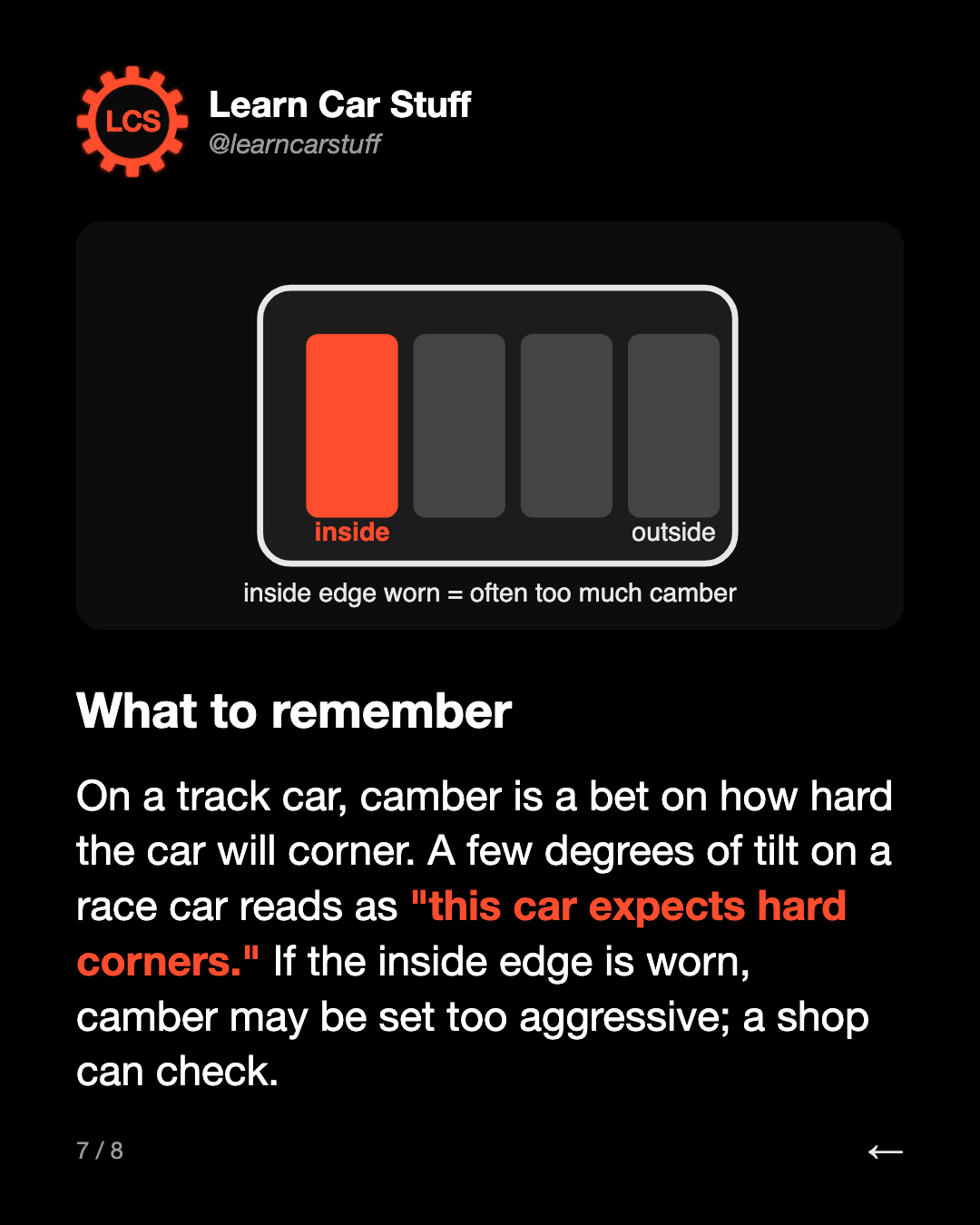 What to remember. On a track car, camber is a bet on how hard the car will corner. A few degrees of tilt on a race car reads as "this car expects hard corners." If the inside edge is worn, camber may be set too aggressive; a shop can check.