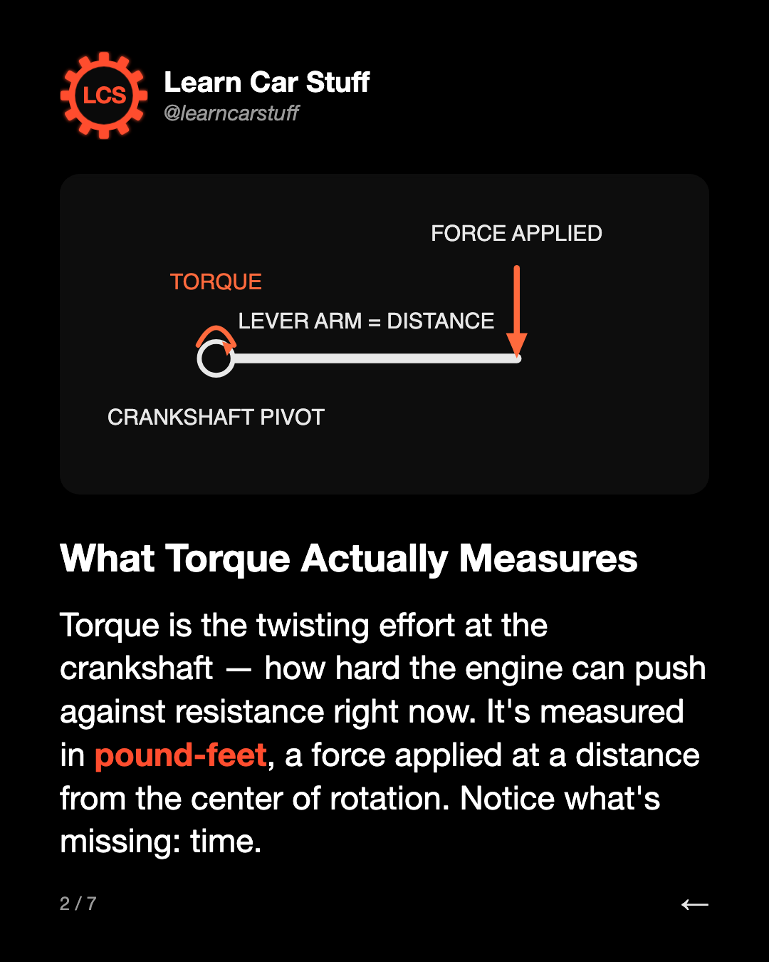 What Torque Actually Measures. Torque is the twisting effort at the crankshaft — how hard the engine can push against resistance right now. It's measured in pound-feet, a force applied at a distance from the center of rotation. Notice what's missing: time.