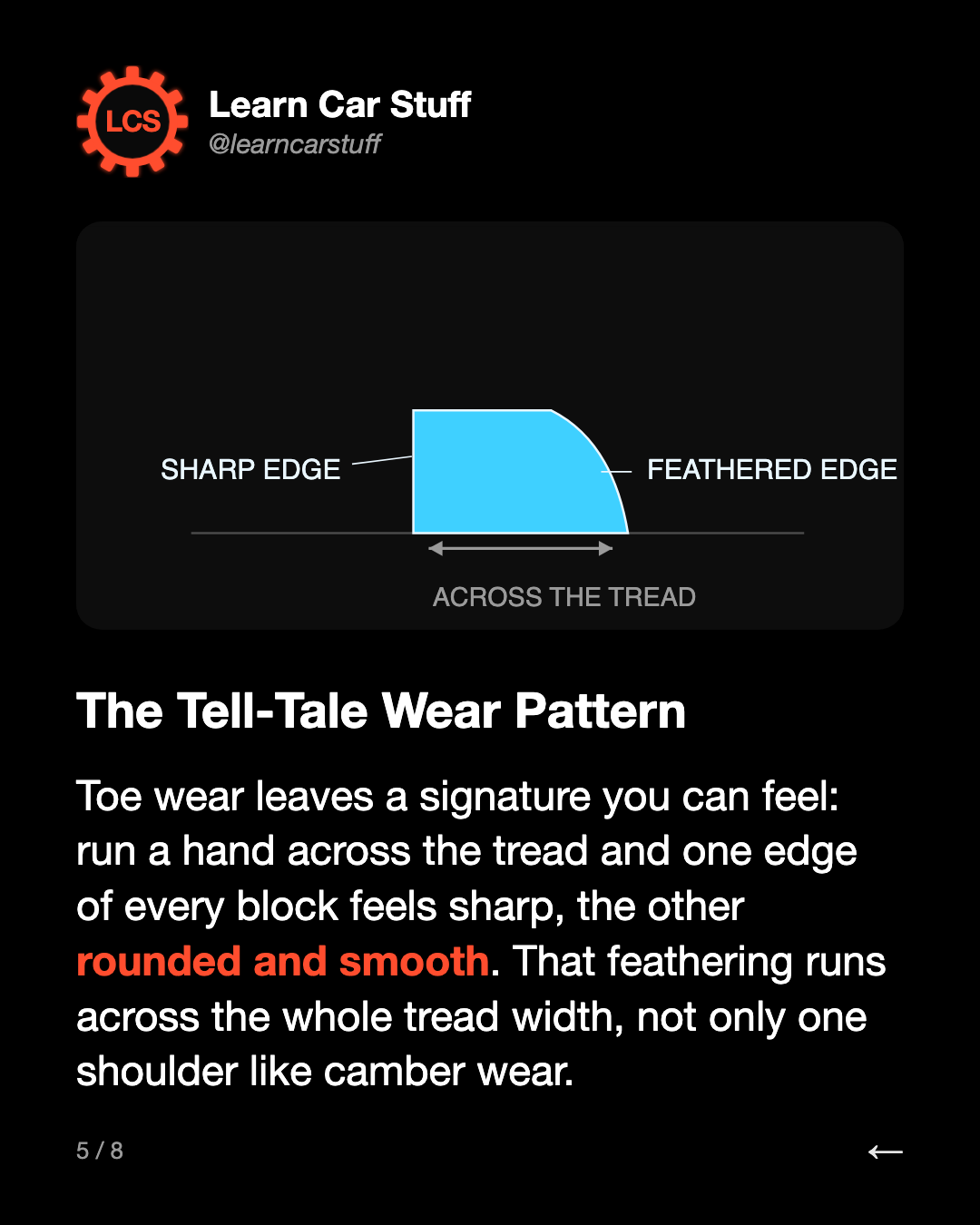 The Tell-Tale Wear Pattern. Toe wear leaves a signature you can feel: run a hand across the tread and one edge of every block feels sharp, the other rounded and smooth. That feathering runs across the whole tread width, not only one shoulder like camber wear.