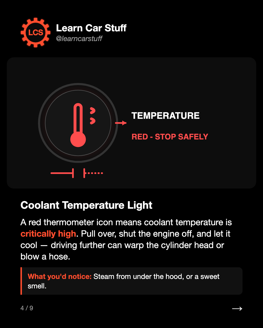 Coolant Temperature Light. A red thermometer icon means coolant temperature is critically high. Pull over, shut the engine off, and let it cool — driving further can warp the cylinder head or blow a hose.