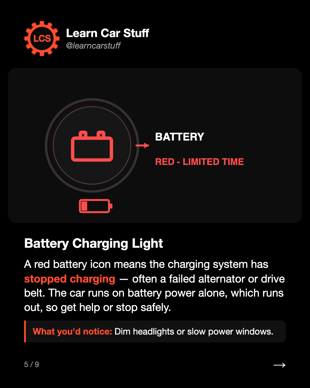 Battery Charging Light. A red battery icon means the charging system has stopped charging — often a failed alternator or drive belt. The car runs on battery power alone, which runs out, so get help or stop safely.