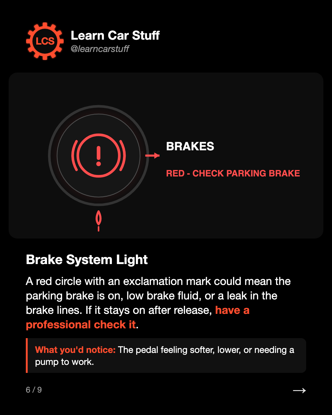 Brake System Light. A red circle with an exclamation mark could mean the parking brake is on, low brake fluid, or a leak in the brake lines. If it stays on after release, have a professional check it.