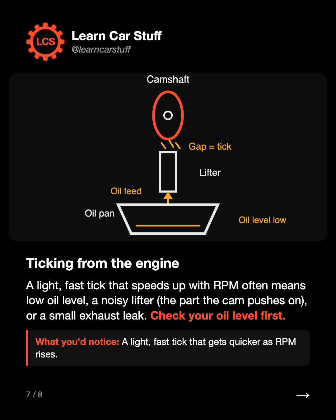 Ticking from the engine. A light, fast tick that speeds up with RPM often means low oil level, a noisy lifter (the part the cam pushes on), or a small exhaust leak. Check your oil level first.