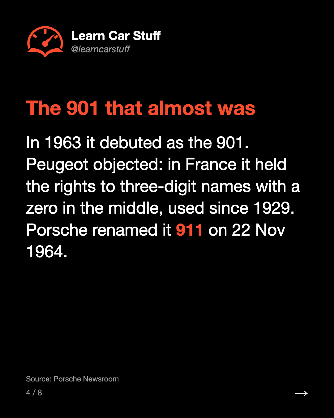 The 901 that almost was. In 1963 it debuted as the 901. Peugeot objected: in France it held the rights to three-digit names with a zero in the middle, used since 1929. Porsche renamed it 911 on 22 Nov 1964.