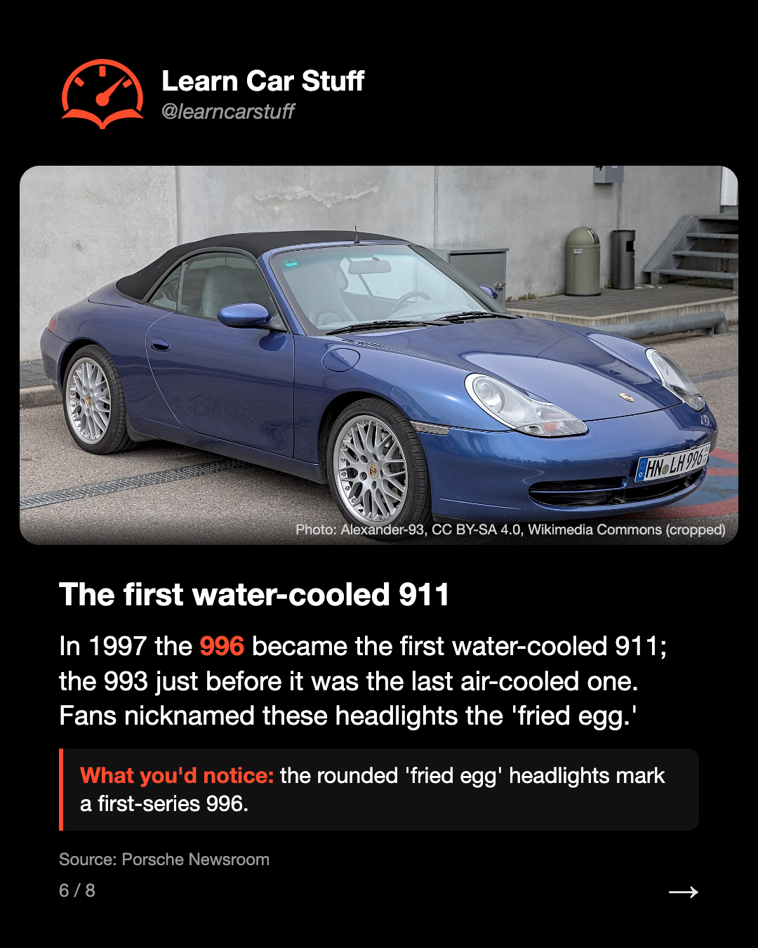 The first water-cooled 911. In 1997 the 996 became the first water-cooled 911; the 993 just before it was the last air-cooled one. Fans nicknamed these headlights the 'fried egg.'