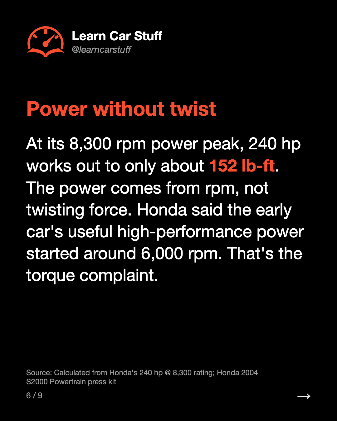 Power without twist. At its 8,300 rpm power peak, 240 hp works out to only about 152 lb-ft. The power comes from rpm, not twisting force. Honda said the early car's useful high-performance power started around 6,000 rpm. That's the torque complaint.