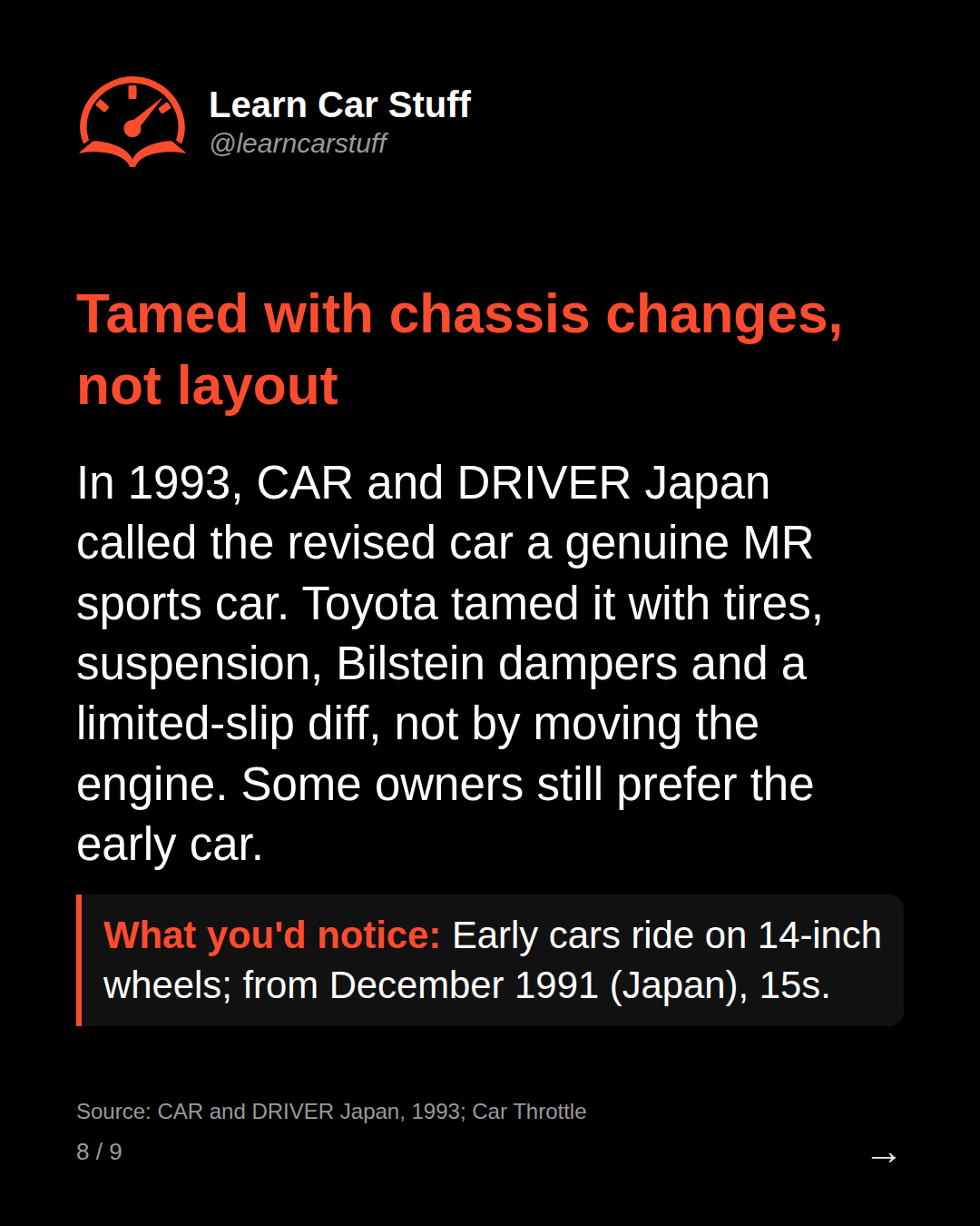 Tamed with chassis changes, not layout. In 1993, CAR and DRIVER Japan called the revised car a genuine MR sports car. Toyota tamed it with tires, suspension, Bilstein dampers and a limited-slip diff, not by moving the engine. Some owners still prefer the early car.