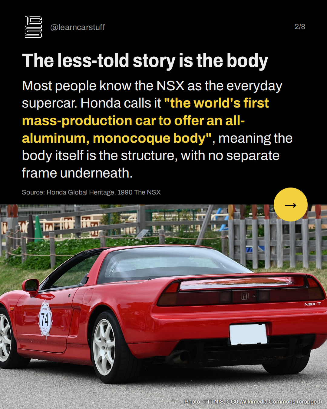 The less-told story is the body. Most people know the NSX as the everyday supercar. Honda calls it "the world's first mass-production car to offer an all-aluminum, monocoque body", meaning the body itself is the structure, with no separate frame underneath.