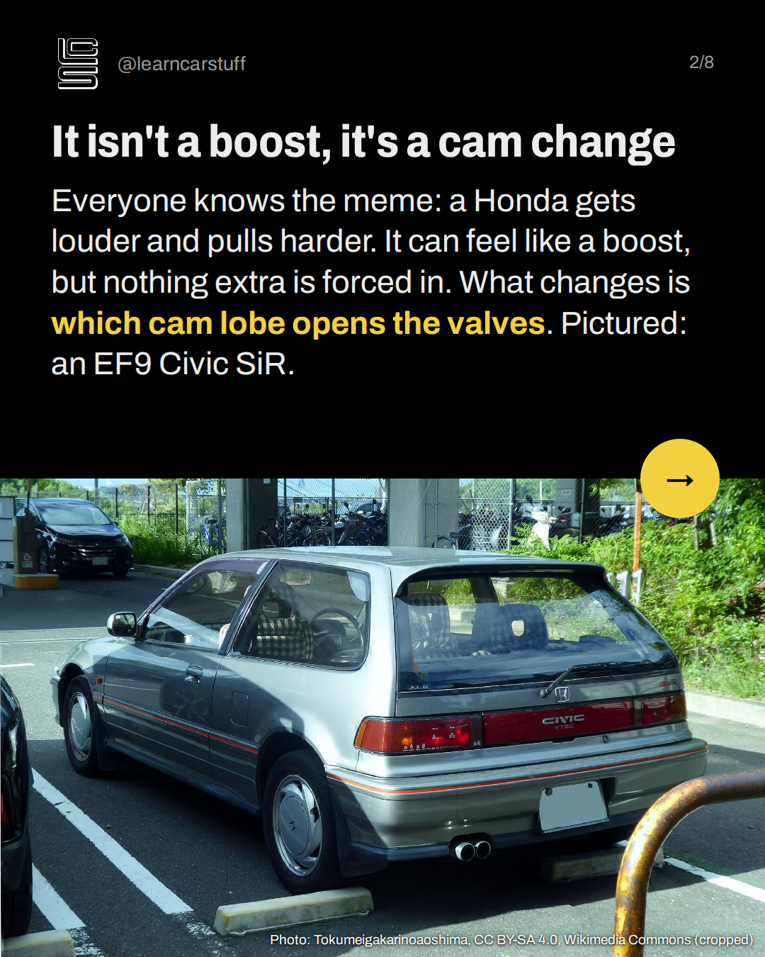 It isn't a boost, it's a cam change. Everyone knows the meme: a Honda gets louder and pulls harder. It can feel like a boost, but nothing extra is forced in. What changes is which cam lobe opens the valves. Pictured: an EF9 Civic SiR.