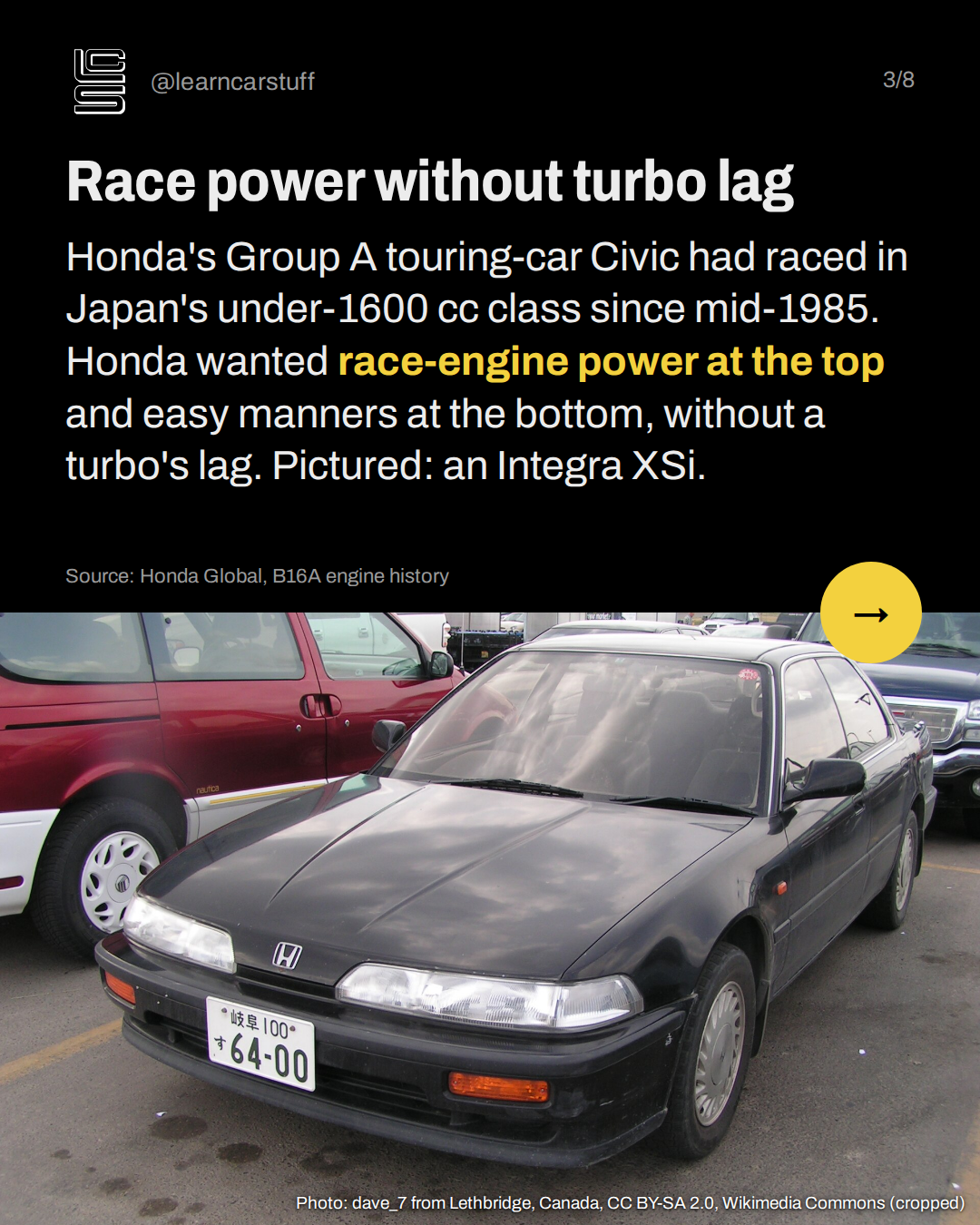 Race power without turbo lag. Honda's Group A touring-car Civic had raced in Japan's under-1600 cc class since mid-1985. Honda wanted race-engine power at the top and easy manners at the bottom, without a turbo's lag. Pictured: an Integra XSi.