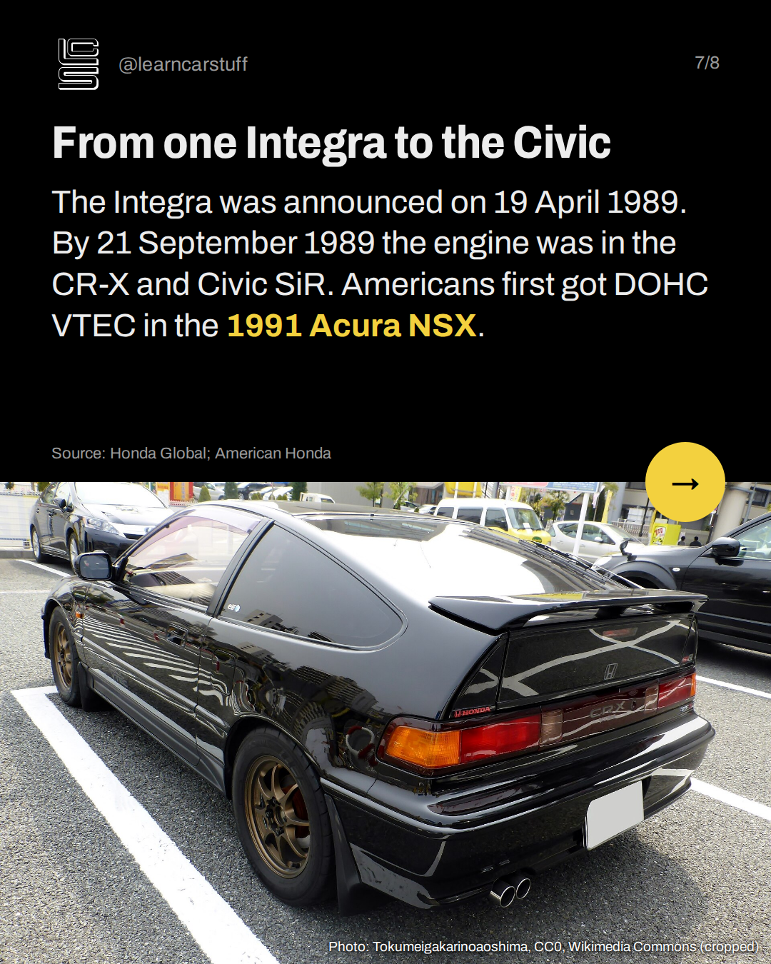 From one Integra to the Civic. The Integra was announced on 19 April 1989. By 21 September 1989 the engine was in the CR-X and Civic SiR. Americans first got DOHC VTEC in the 1991 Acura NSX.