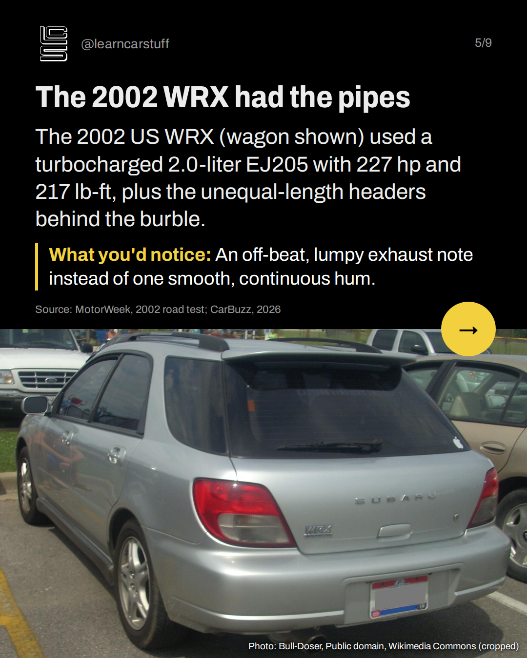 The 2002 WRX had the pipes. The 2002 US WRX (wagon shown) used a turbocharged 2.0-liter EJ205 with 227 hp and 217 lb-ft, plus the unequal-length headers behind the burble.