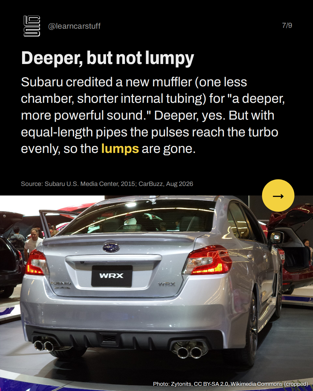 Deeper, but not lumpy. Subaru credited a new muffler (one less chamber, shorter internal tubing) for "a deeper, more powerful sound." Deeper, yes. But with equal-length pipes the pulses reach the turbo evenly, so the lumps are gone.