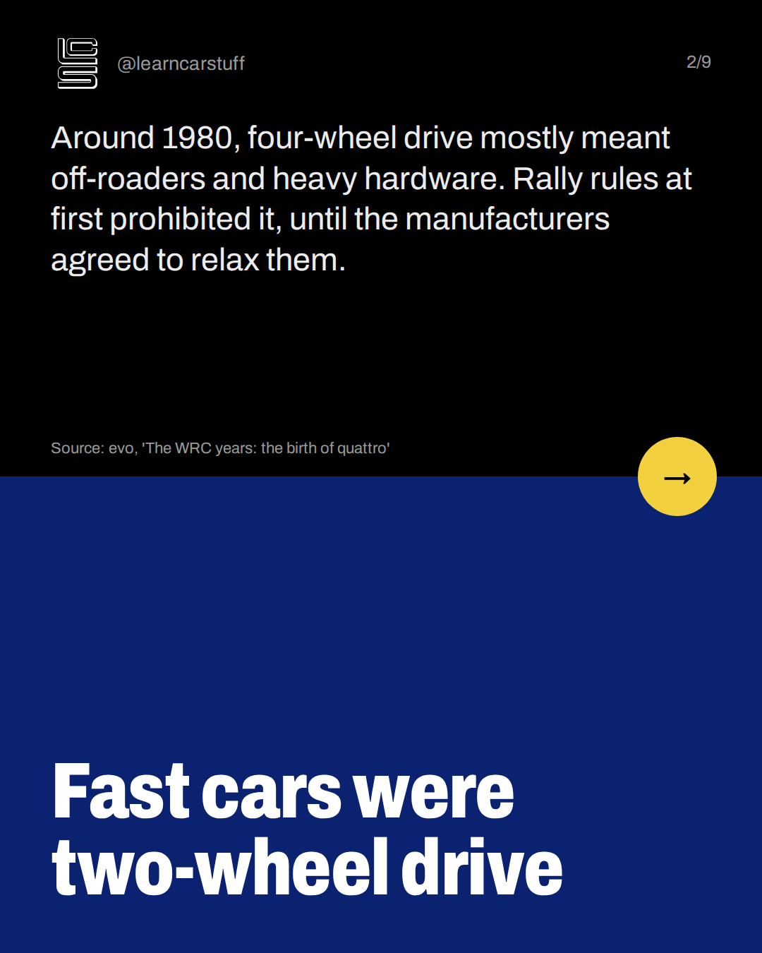 Fast cars were two-wheel drive. Around 1980, four-wheel drive mostly meant off-roaders and heavy hardware. Rally rules at first prohibited it, until the manufacturers agreed to relax them.