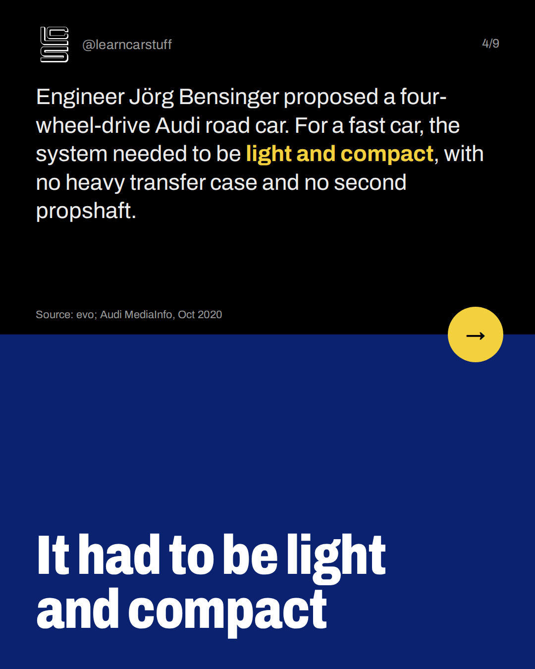 It had to be light and compact. Engineer Jörg Bensinger proposed a four-wheel-drive Audi road car. For a fast car, the system needed to be light and compact, with no heavy transfer case and no second propshaft.