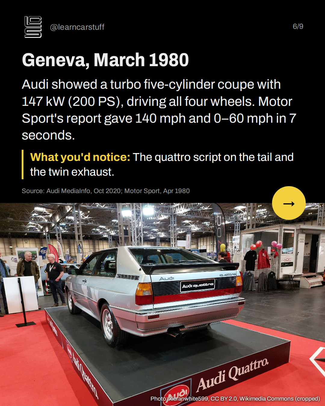 Geneva, March 1980. Audi showed a turbo five-cylinder coupe with 147 kW (200 PS), driving all four wheels. Motor Sport's report gave 140 mph and 0–60 mph in 7 seconds.