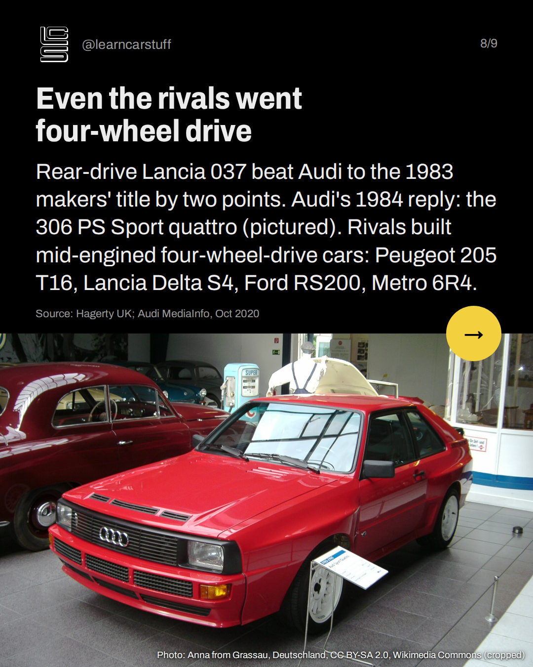 Even the rivals went four-wheel drive. Rear-drive Lancia 037 beat Audi to the 1983 makers' title by two points. Audi's 1984 reply: the 306 PS Sport quattro (pictured). Rivals built mid-engined four-wheel-drive cars: Peugeot 205 T16, Lancia Delta S4, Ford RS200, Metro 6R4.