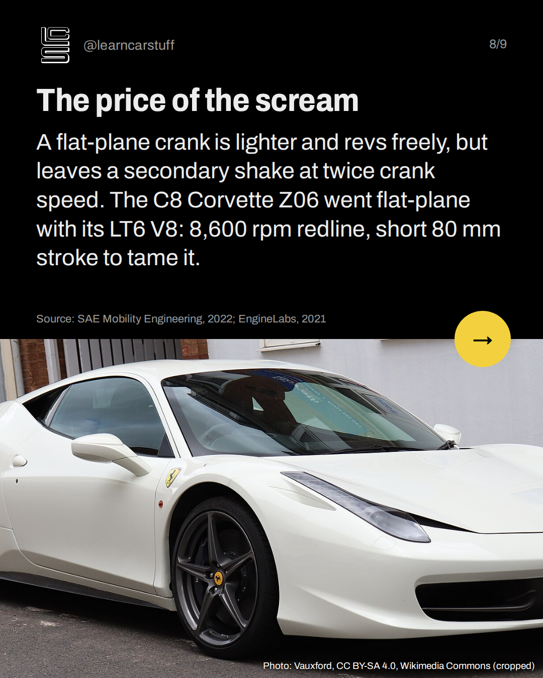 The price of the scream. A flat-plane crank is lighter and revs freely, but leaves a secondary shake at twice crank speed. The C8 Corvette Z06 went flat-plane with its LT6 V8: 8,600 rpm redline, short 80 mm stroke to tame it.