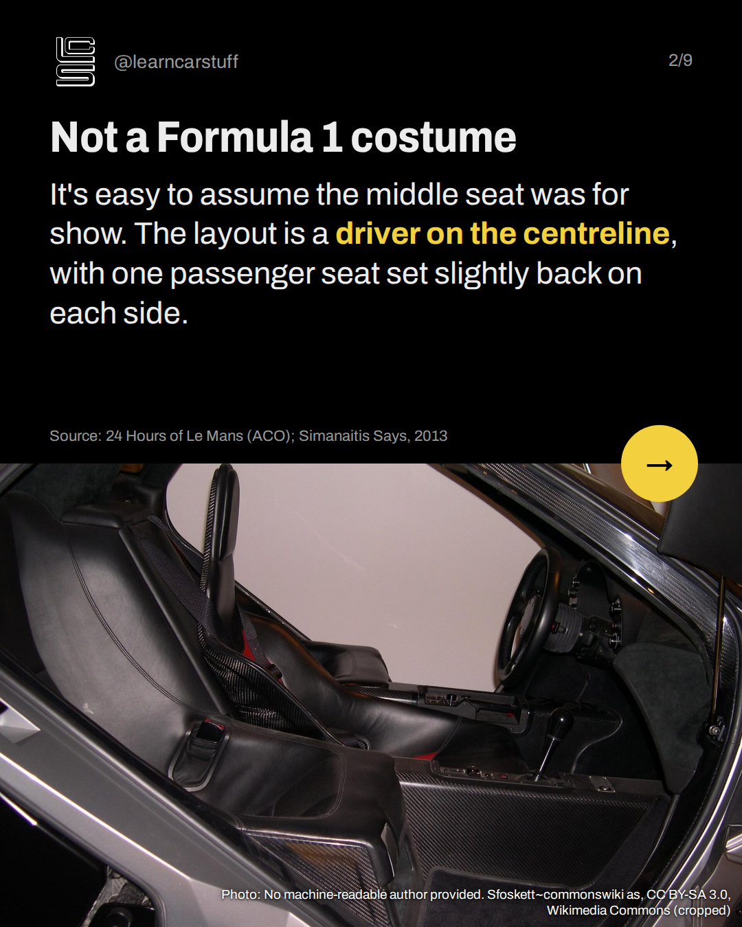 Not a Formula 1 costume. It's easy to assume the middle seat was for show. The layout is a driver on the centreline, with one passenger seat set slightly back on each side.