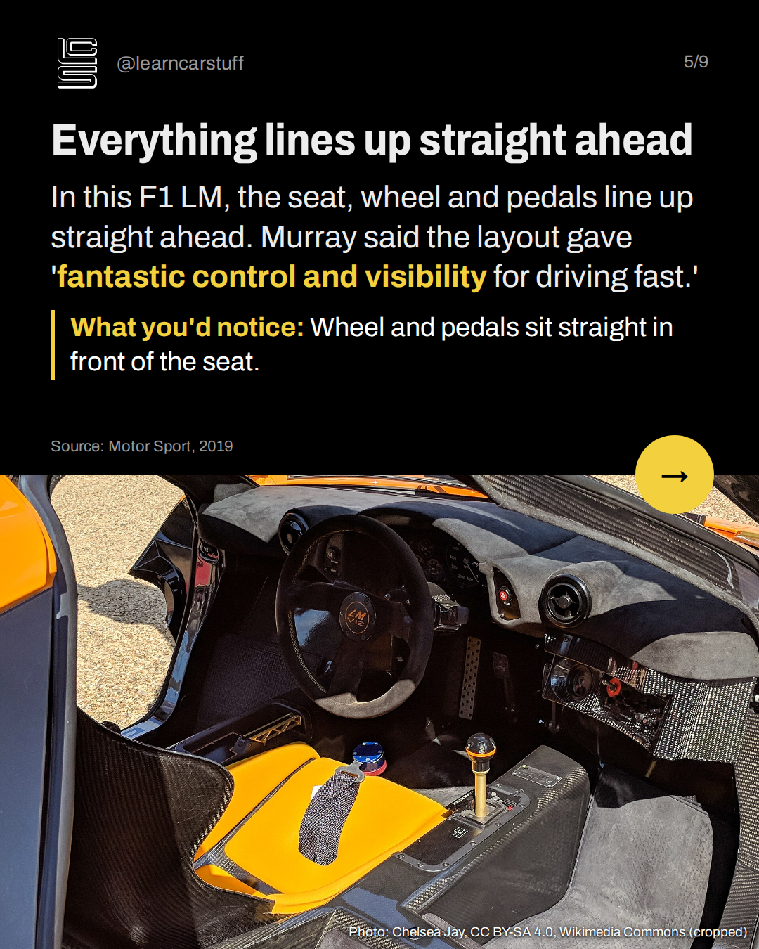 Everything lines up straight ahead. In this F1 LM, the seat, wheel and pedals line up straight ahead. Murray said the layout gave 'fantastic control and visibility for driving fast.'