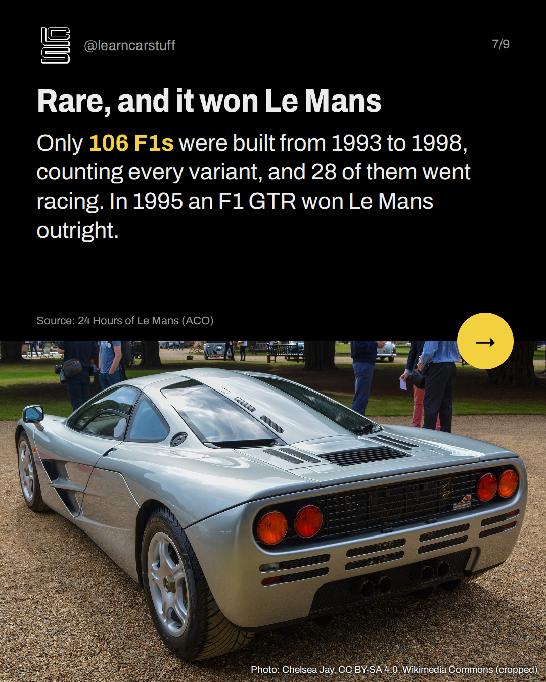 Rare, and it won Le Mans. Only 106 F1s were built from 1993 to 1998, counting every variant, and 28 of them went racing. In 1995 an F1 GTR won Le Mans outright.