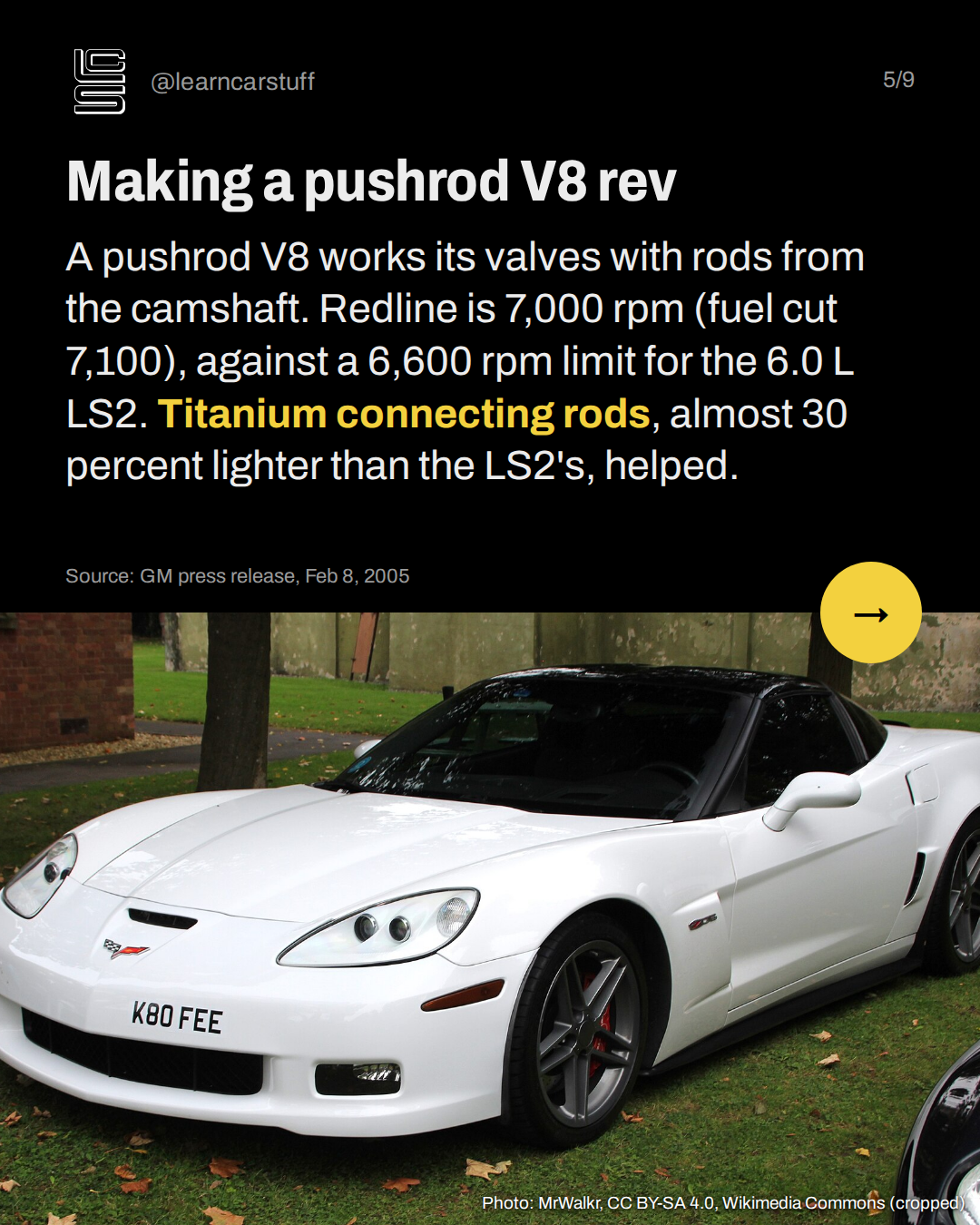 Making a pushrod V8 rev. A pushrod V8 works its valves with rods from the camshaft. Redline is 7,000 rpm (fuel cut 7,100), against a 6,600 rpm limit for the 6.0 L LS2. Titanium connecting rods, almost 30 percent lighter than the LS2's, helped.