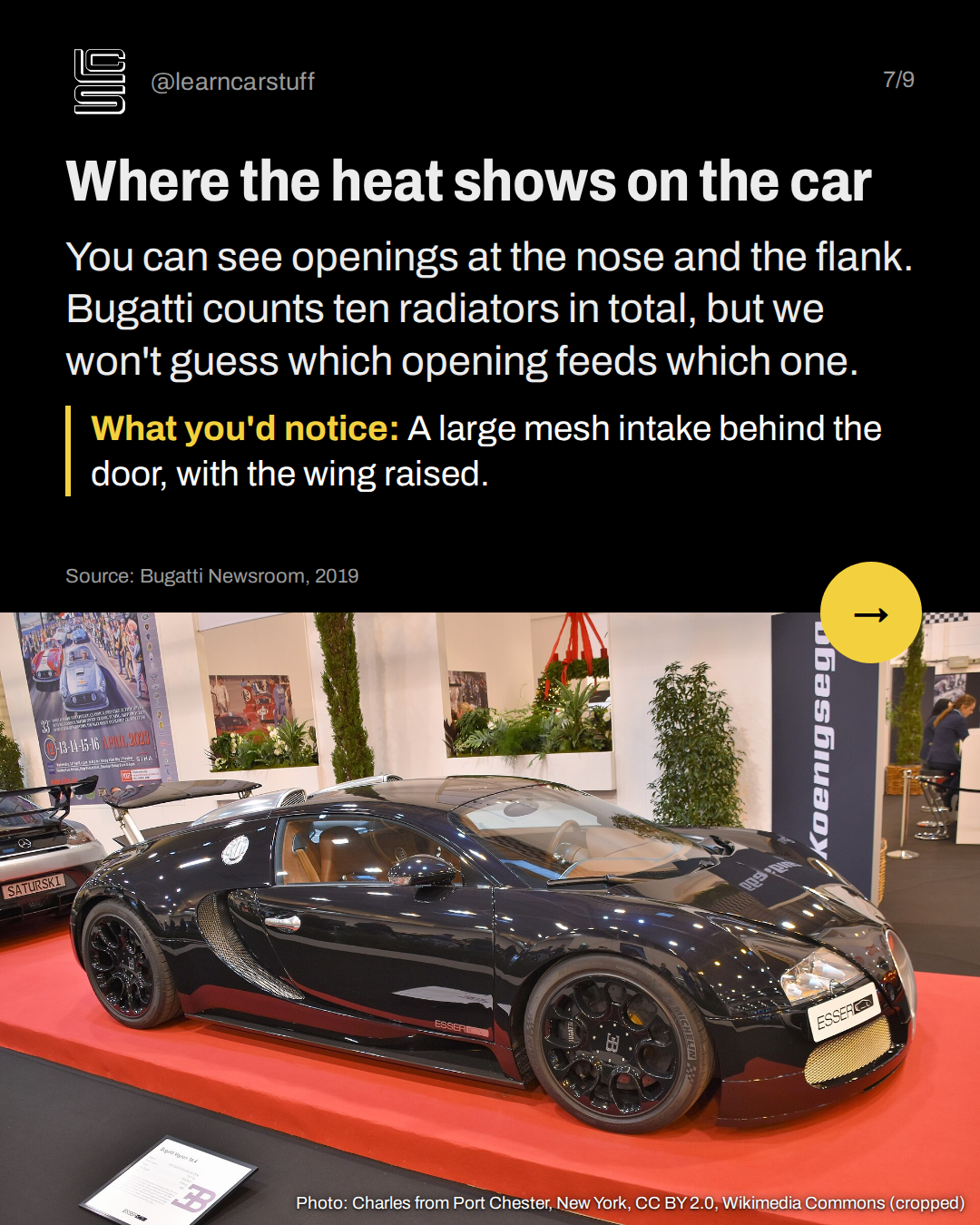Where the heat shows on the car. You can see openings at the nose and the flank. Bugatti counts ten radiators in total, but we won't guess which opening feeds which one.