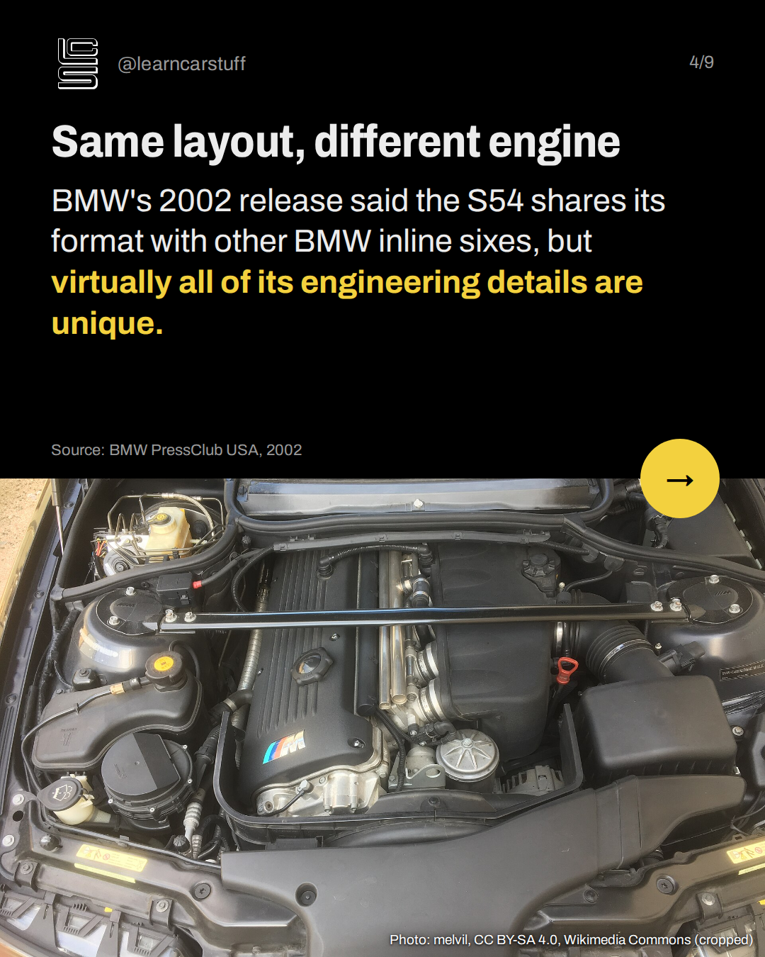 Same layout, different engine. BMW's 2002 release said the S54 shares its format with other BMW inline sixes, but virtually all of its engineering details are unique.