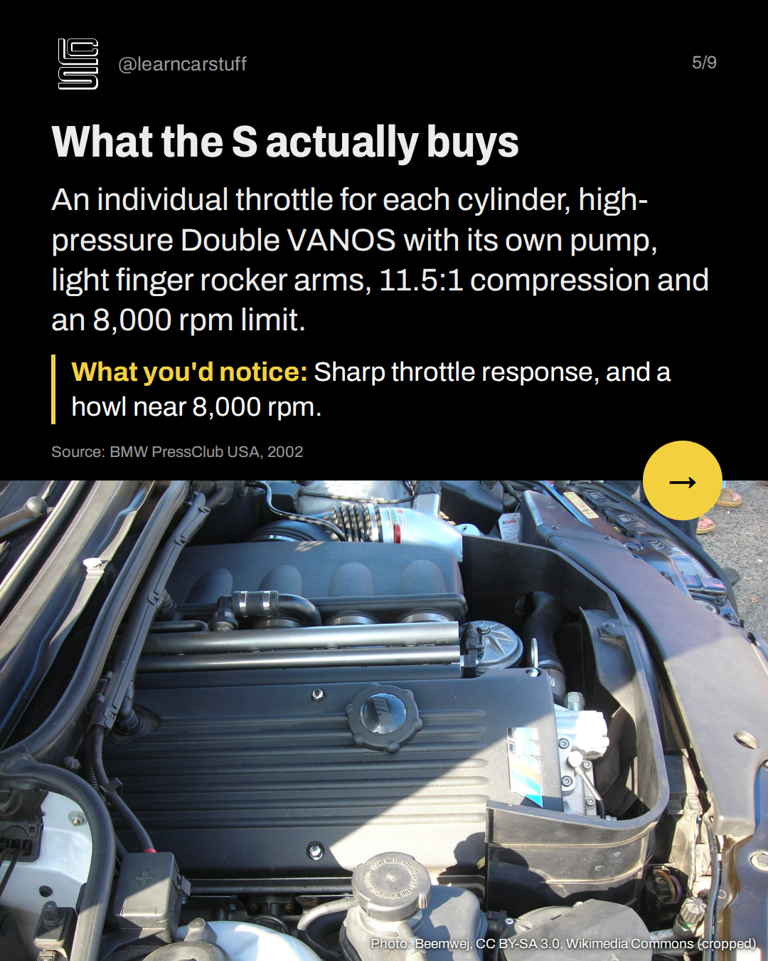 What the S actually buys. An individual throttle for each cylinder, high-pressure Double VANOS with its own pump, light finger rocker arms, 11.5:1 compression and an 8,000 rpm limit.