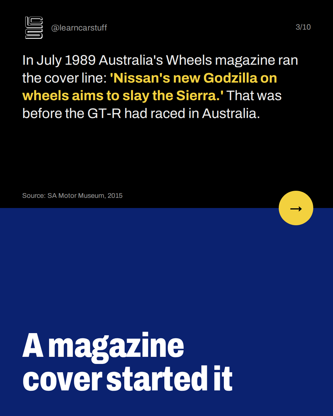 A magazine cover started it. In July 1989 Australia's Wheels magazine ran the cover line: 'Nissan's new Godzilla on wheels aims to slay the Sierra.' That was before the GT-R had raced in Australia.