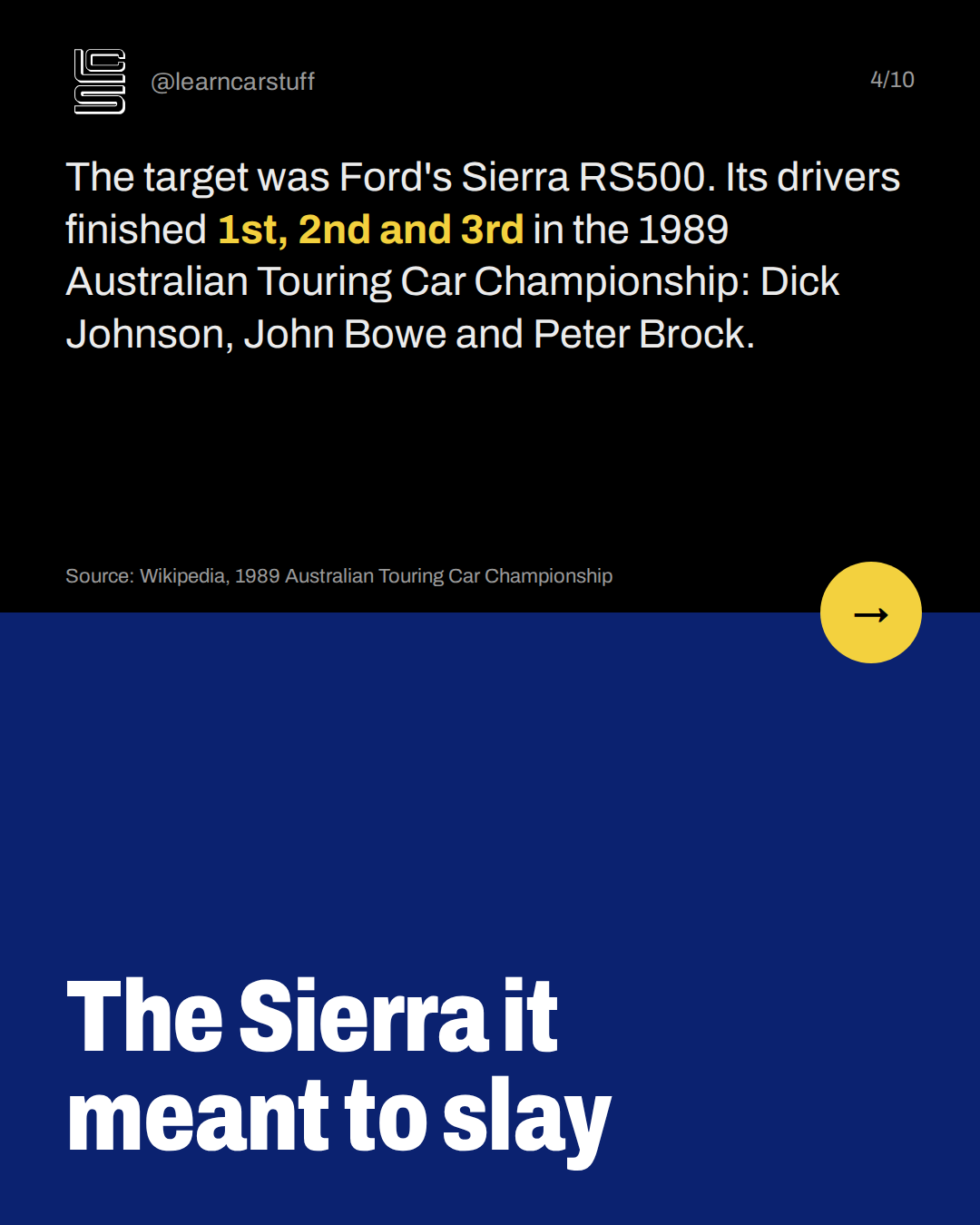 The Sierra it meant to slay. The target was Ford's Sierra RS500. Its drivers finished 1st, 2nd and 3rd in the 1989 Australian Touring Car Championship: Dick Johnson, John Bowe and Peter Brock.