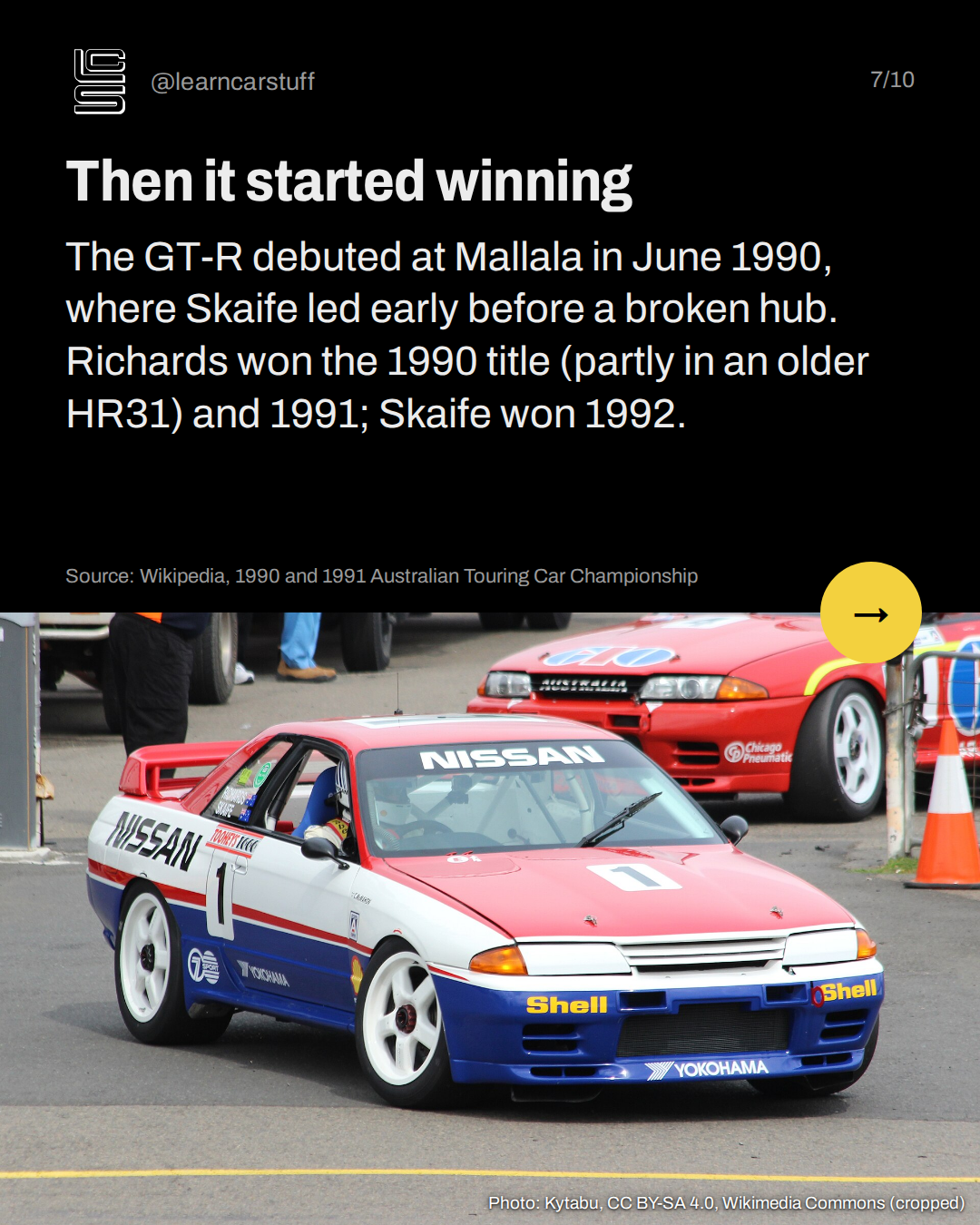 Then it started winning. The GT-R debuted at Mallala in June 1990, where Skaife led early before a broken hub. Richards won the 1990 title (partly in an older HR31) and 1991; Skaife won 1992.