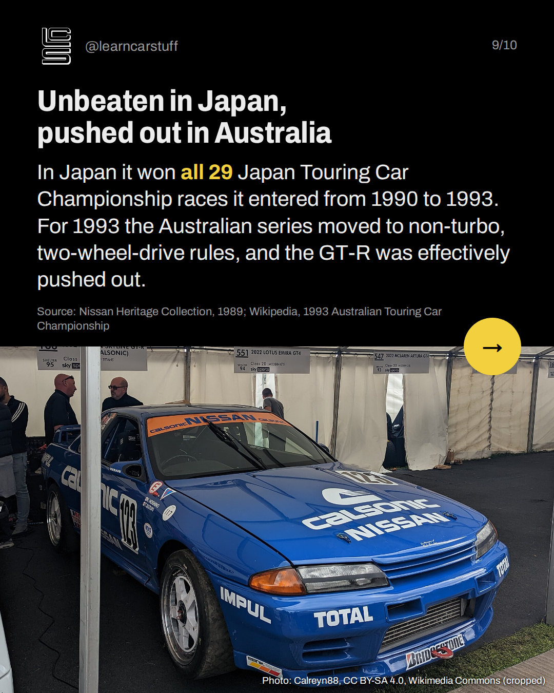 Unbeaten in Japan, pushed out in Australia. In Japan it won all 29 Japan Touring Car Championship races it entered from 1990 to 1993. For 1993 the Australian series moved to non-turbo, two-wheel-drive rules, and the GT-R was effectively pushed out.