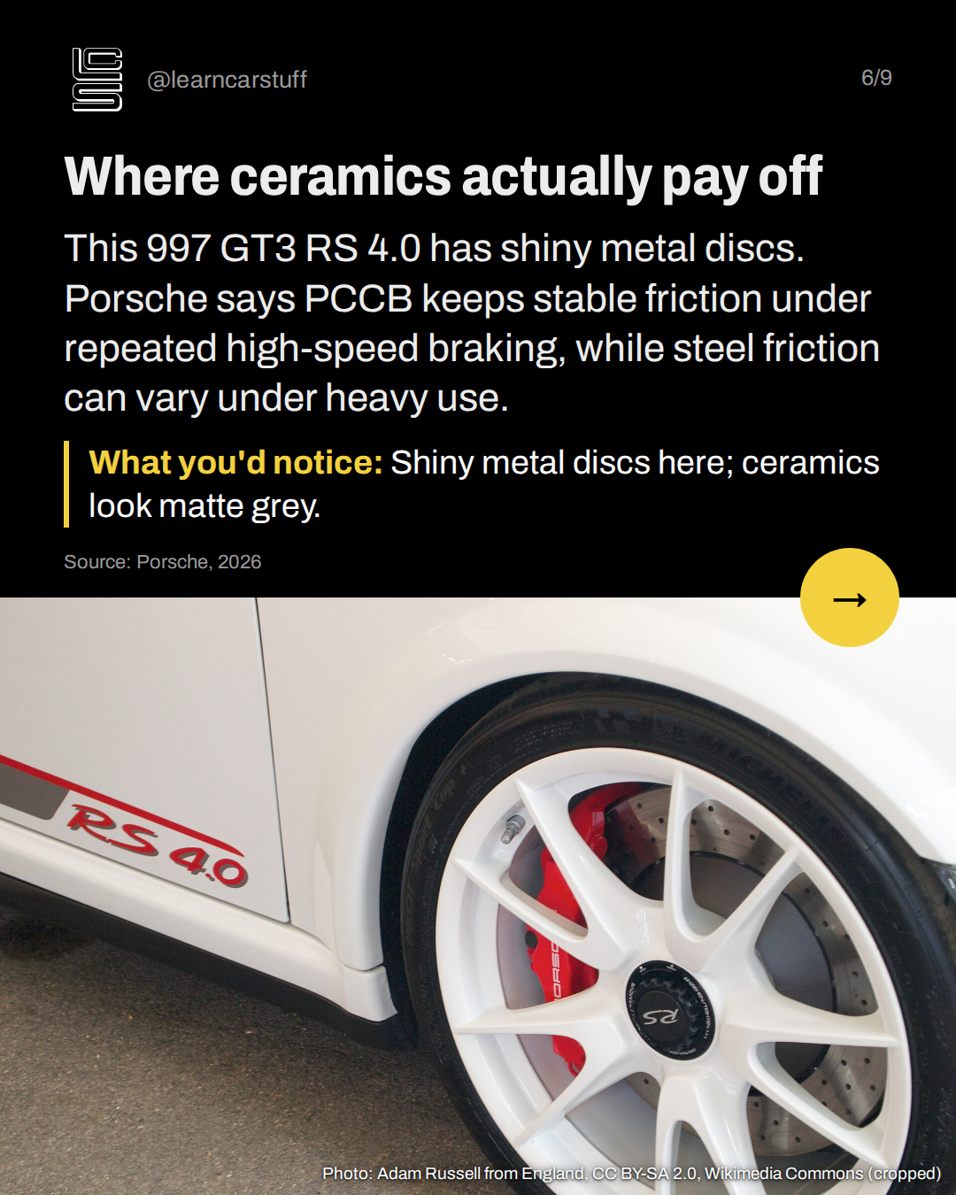 Where ceramics actually pay off. This 997 GT3 RS 4.0 has shiny metal discs. Porsche says PCCB keeps stable friction under repeated high-speed braking, while steel friction can vary under heavy use.